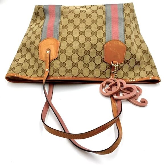 Auth Gucci Beige Brown GG Canvas Jolicouer Tote Bag Tan Patent Trim Sherry Line - Picture 7 of 16